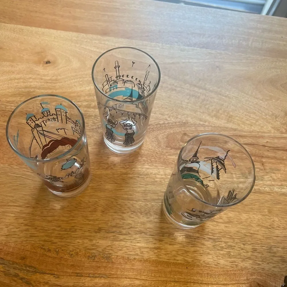 Set of three vintage bar ware glasses. London Istanbul and Bangkok.